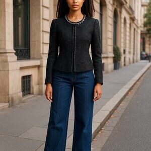 Rebecca Taylor Tweed Blazer Jacket Faux Pearl Neck Black Size 2